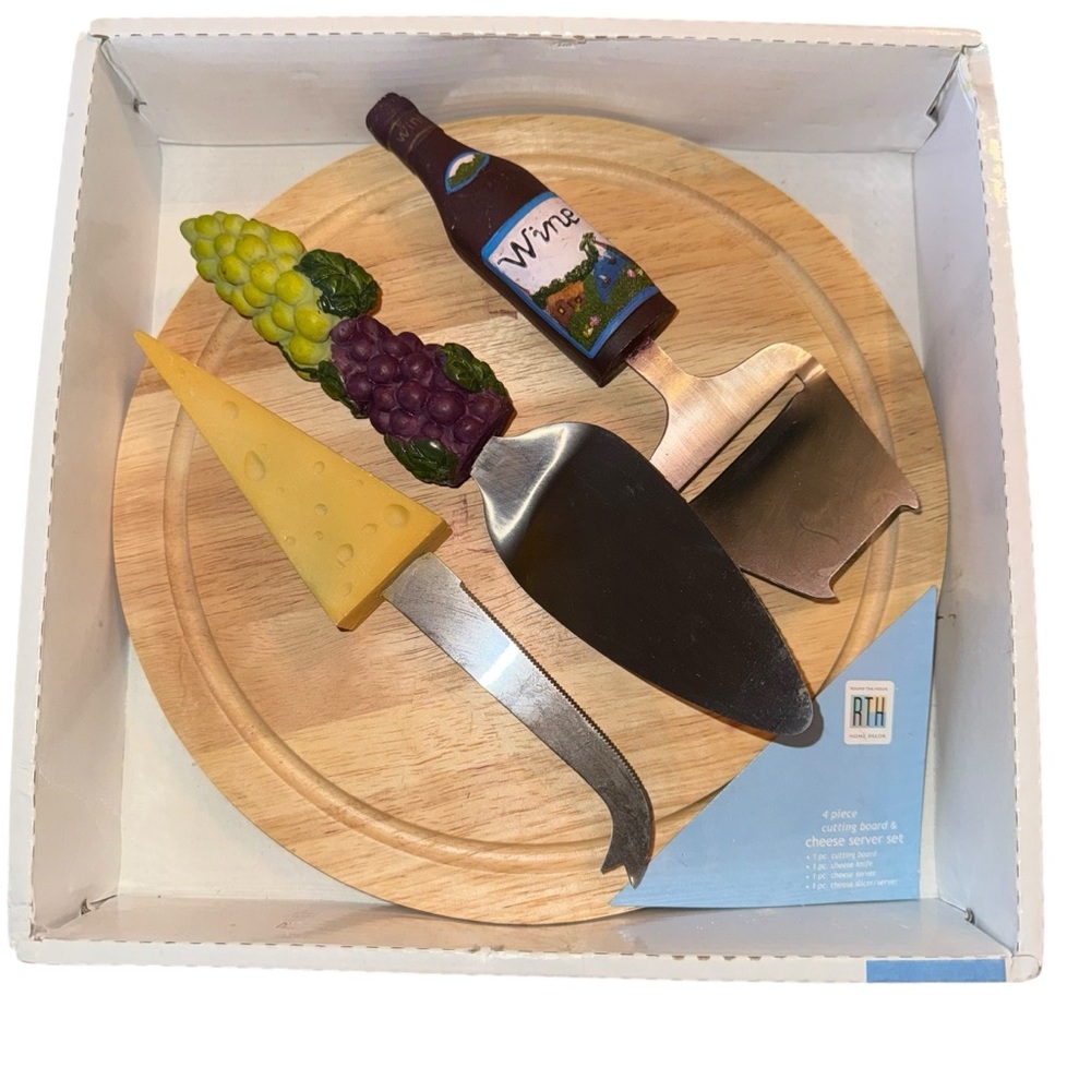 NEW 4Pc Cutting Board & Cheese Server Set Figural Wine Cheese Grapes
